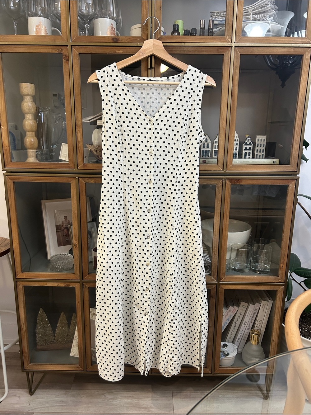 Vintage Cotton Sleeveless V-Neck Polka Dot Midi Dress - Picture 1 of 13
